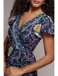 Floral Print Wrap Midi With Flutter Sleeves - Navy Print by Goddiva - 3