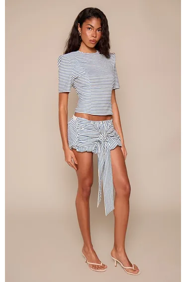 Navy Textured Stripe Wrap Detail Puff Shorts Co-ord