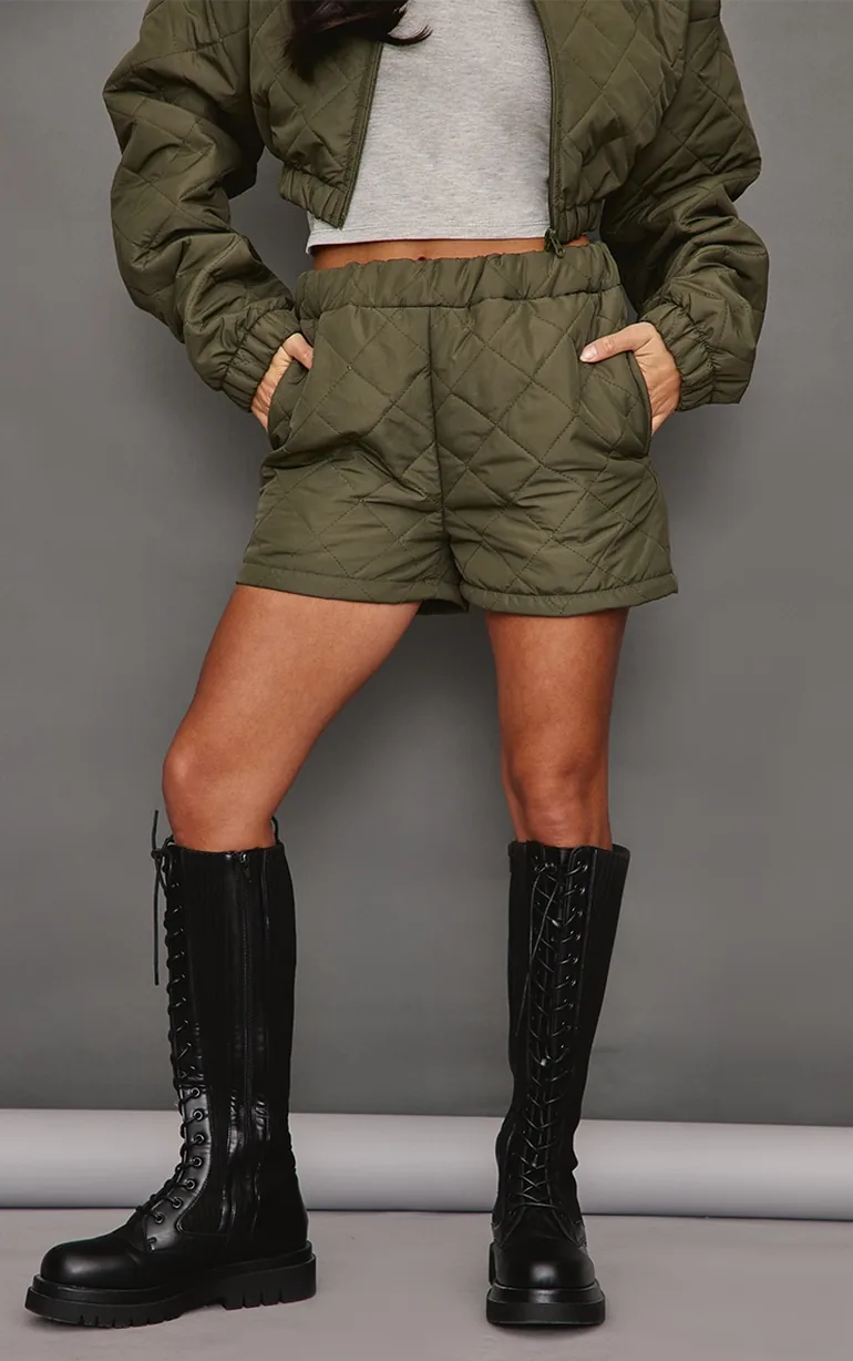 Petite Khaki Quilted Shorts - 1