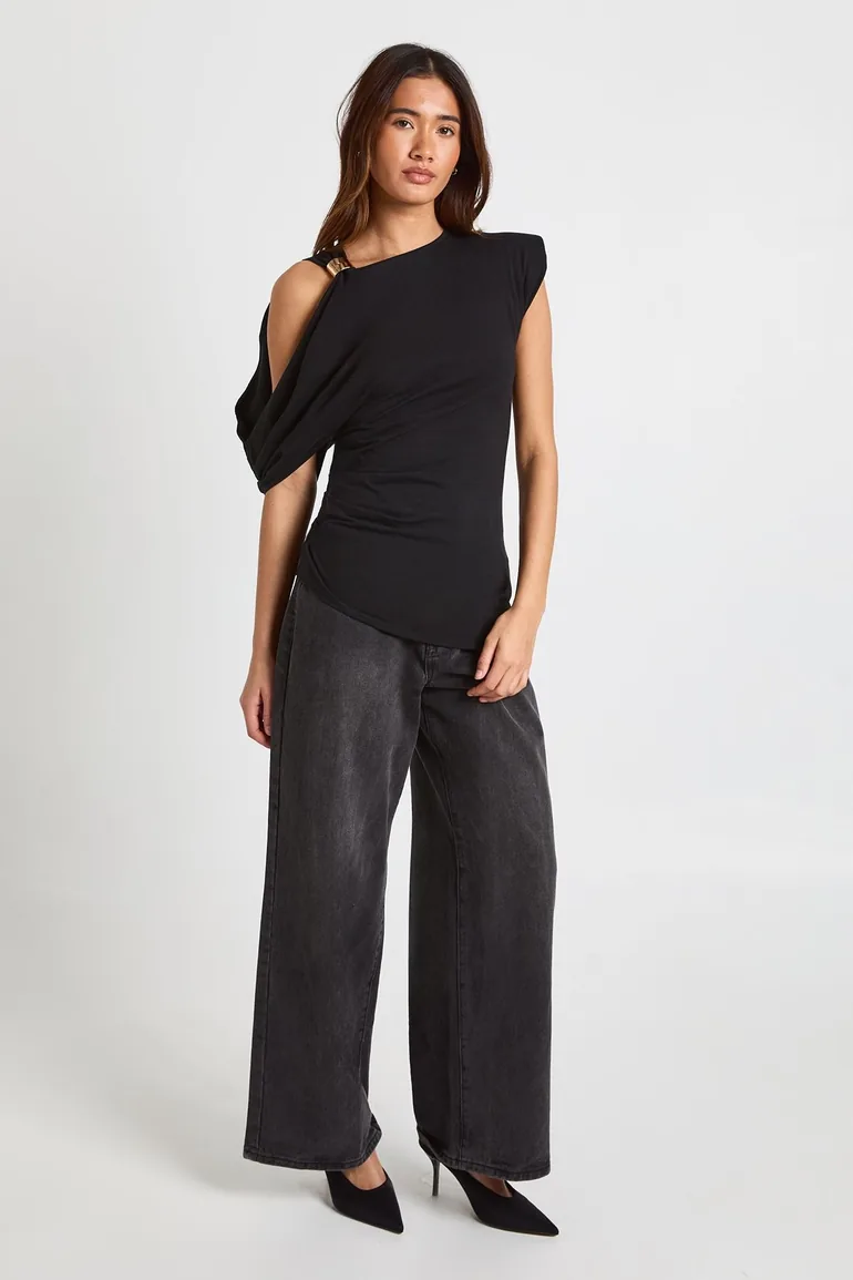 Gold Trim One Sleeve T-Shirt - black