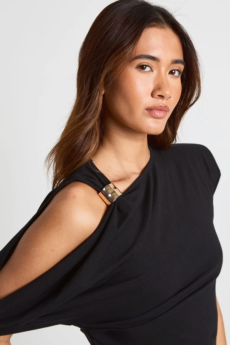 Gold Trim One Sleeve T-Shirt - black - 3