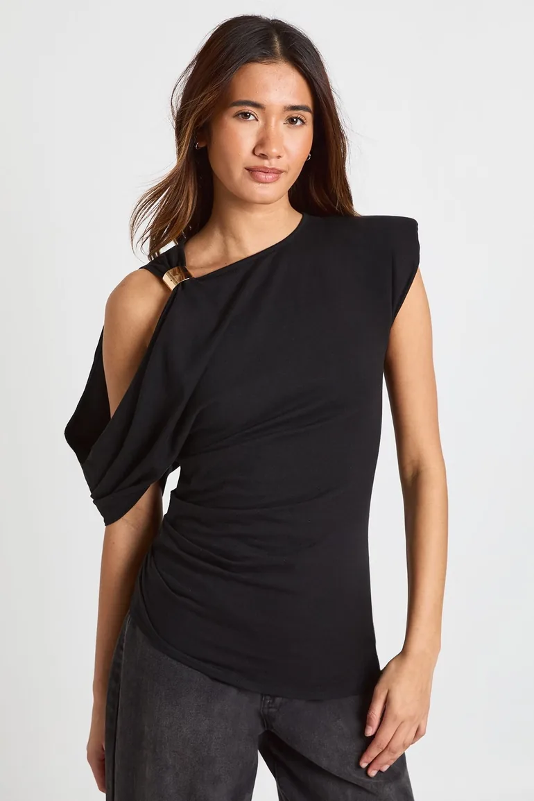 Gold Trim One Sleeve T-Shirt - black - 1