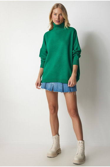 Women's Green Turtleneck Oversized Knitwear Sweater
