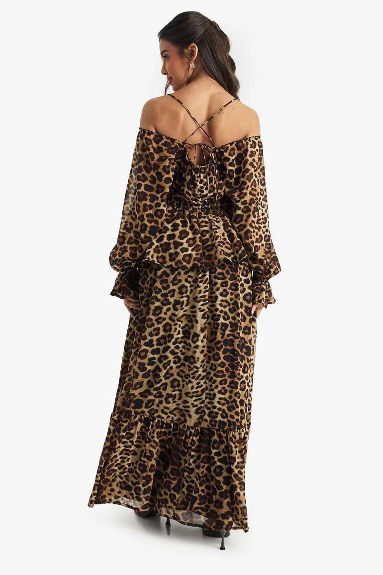Leopard Chiffon Cold Shoulder Ruffle Maxi Dress - brown - 1