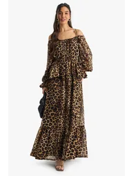 Leopard Chiffon Cold Shoulder Ruffle Maxi Dress - brown