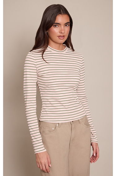 Khaki Soft Rib Striped Detail Fitted Long Sleeve Top