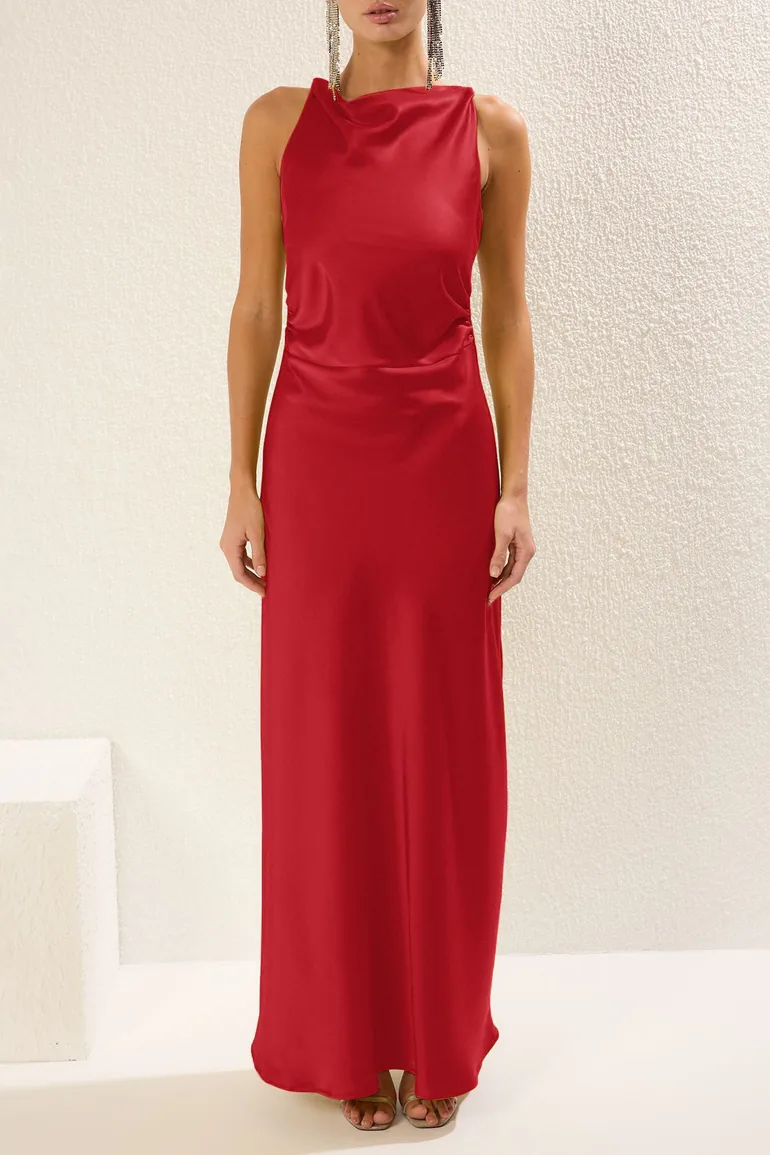 Red Bodycon Satin Woven Maxi Evening Prom Dress - 2