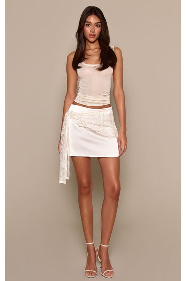 Cream Lace Wrap Detail Satin Mini Skirt