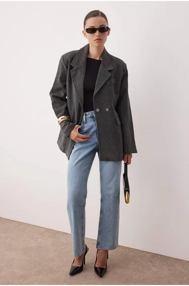 Dark Gray Diagonal Mono Closure Fitted Short Cashmere Coat