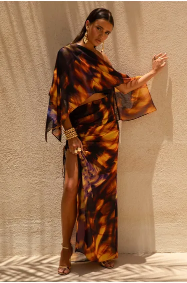 Nadine | Smoke Print Asymmetric Maxi Skirt With Split