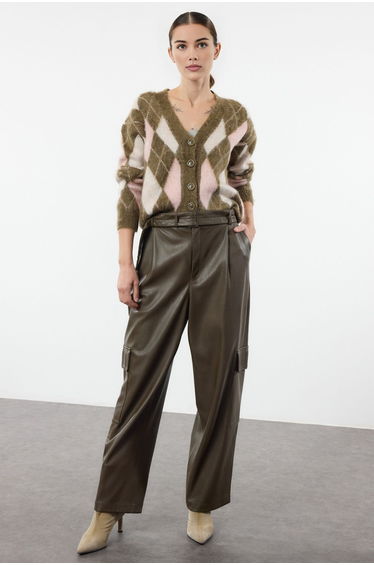 Khaki Soft Texture Plaid Patterned Knitwear Cardigan