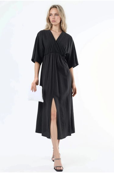 BUSEM V-Neck Midi Wrap Dress with Three Quarter Sleeves