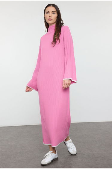 Pink Stitch Detailed Long Knit Dress