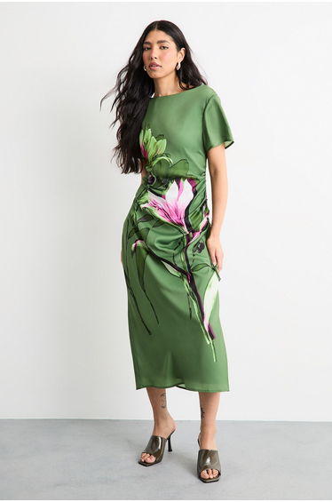 Floral Printed Drawstring Waist Short Sleeve Midi Dress