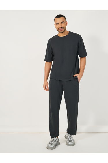 Oversized Back Contrast Print T-Shirt and Open Hem Interlock Joggers Co-Ords