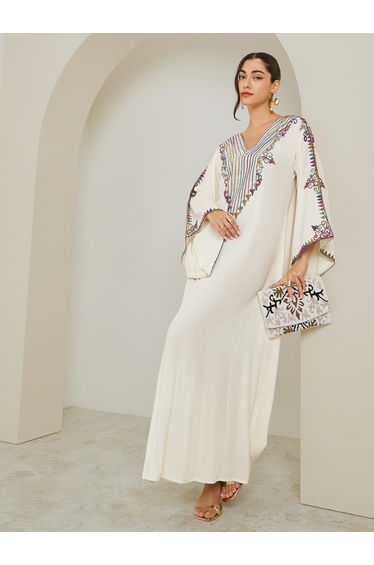 Women Cream Embroidered A-Line Jalabiya