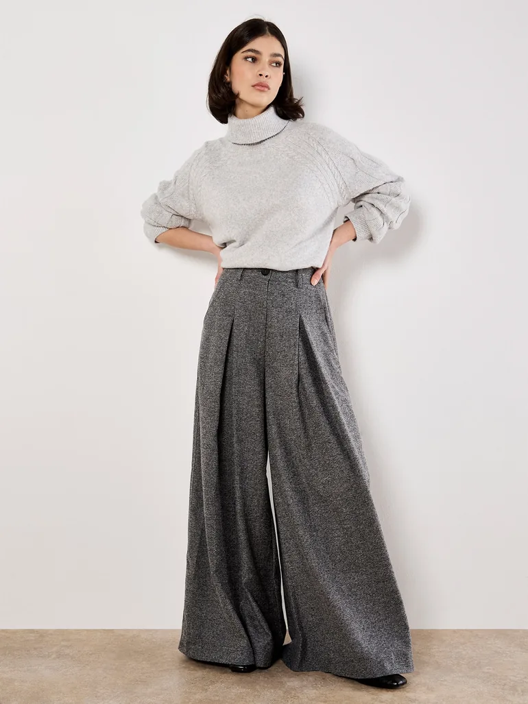 Herringbone Tweed Wide-Leg Trousers