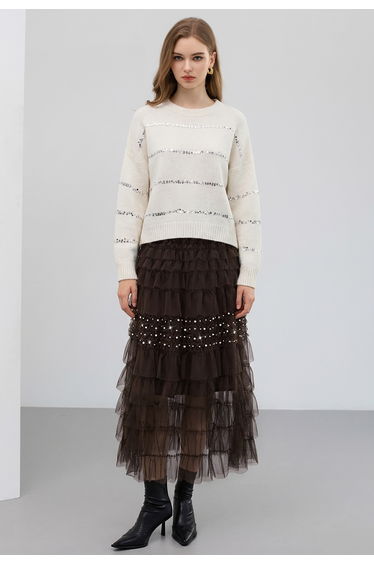 Rhinestone Pearl Embellished Tiered Mesh Maxi Skirt in Brown for Birthday Dinner & Bridesmaid Occasion