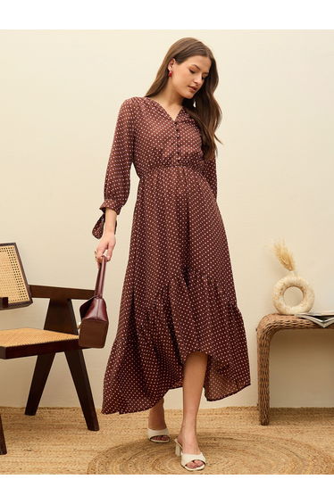 Brown Polka Dot Asymmetric Hem Maxi Dress