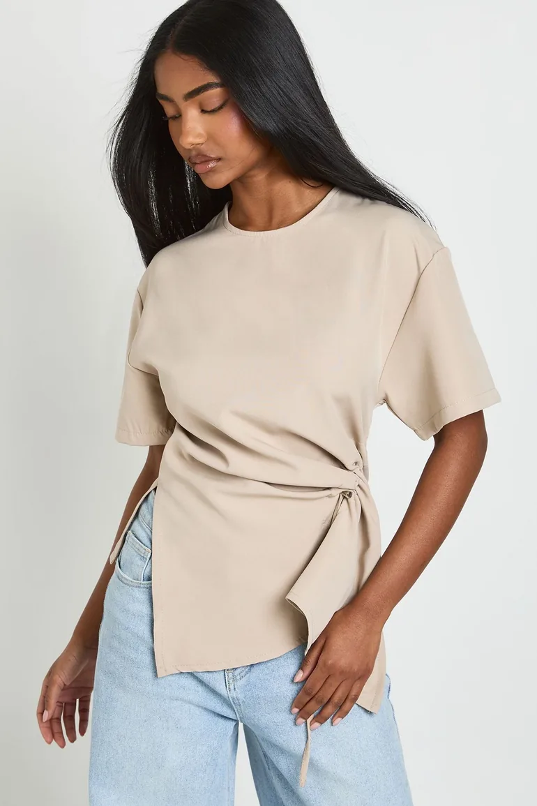 Ruched Side Woven Tee - taupe