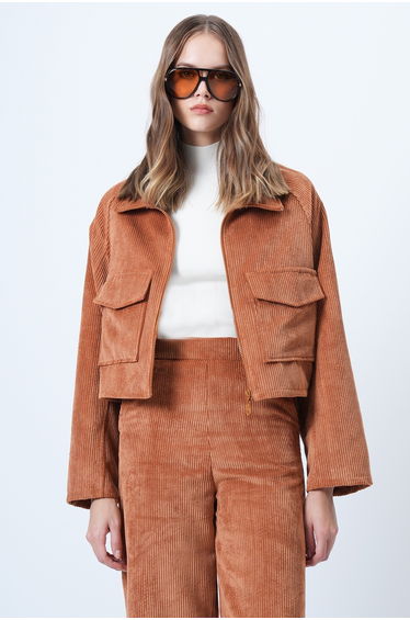 Women's Tan Double Pocket Raglan Sleeve Velvet Jacket