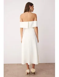 White Collar Detailed A-Cut Woven Chic Evening Dress - 3