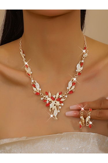2-Piece Leaf Shape Embellished Necklace and Earrings Jewelry Set