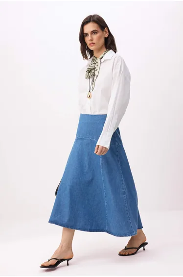 Blue Stitched Detailed Midi Denim Skirt