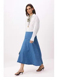 Blue Stitched Detailed Midi Denim Skirt