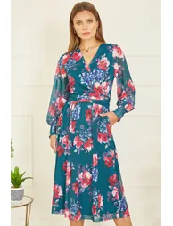 Green Floral Pleated A-Line Midi Skater Dress with Long Sleeve - 1