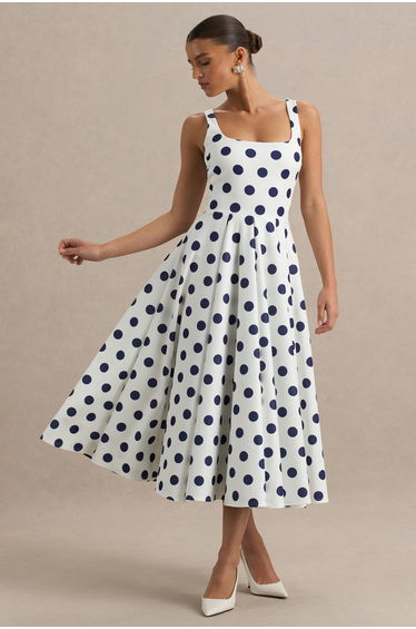 Berta | White And Navy Polka-Dot Square-Neck Dress