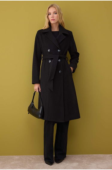 Black Oversize Soft Textured Double Breasted Long Cashmere Coat