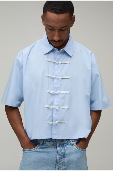 Boxy Crop Half Sleeve Frog Fastening Shirt - blue