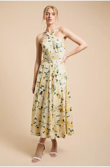 Lemon Floral Halter Cotton Poplin Midi Dress
