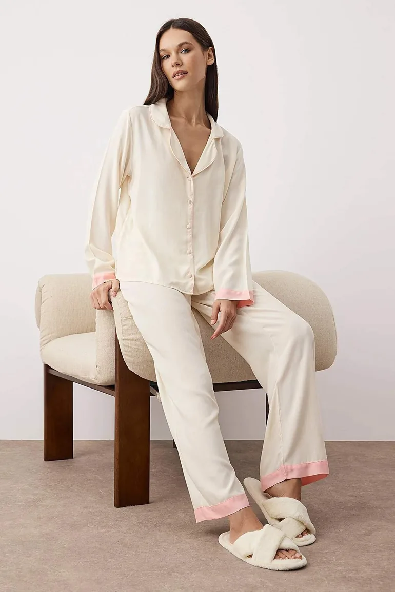 Ecru Plain Shally Woven Pajama Set - 1