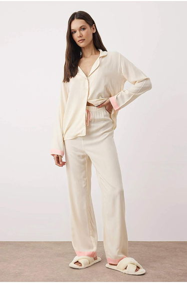 Ecru Plain Shally Woven Pajama Set