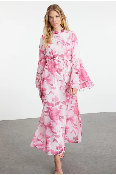 Fuchsia Lined Woven Chiffon Floral Pattern Dress