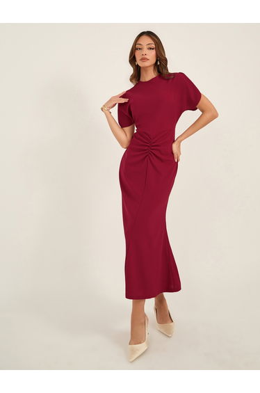 Round Neck Bodycon Mermaid Hem Dress with Ruched Detail