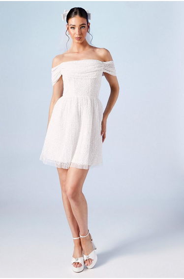 Bardot Full Skirted Embellished Bridal Mini Dress