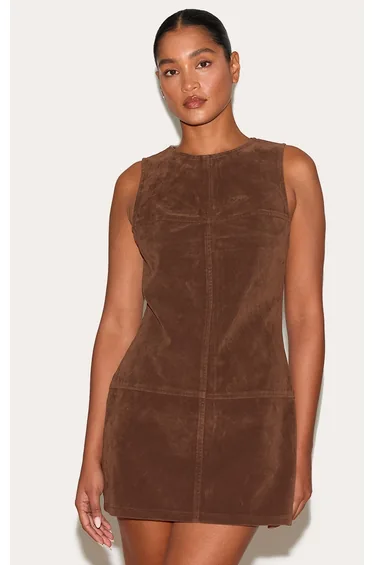 Deep Chocolate Structured Faux Suede Seam Detail Sleeveless Shift Dress