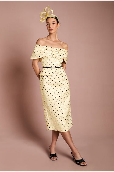 Lisa Tan Spot Print Corsage Off The Shoulder Pencil Dress