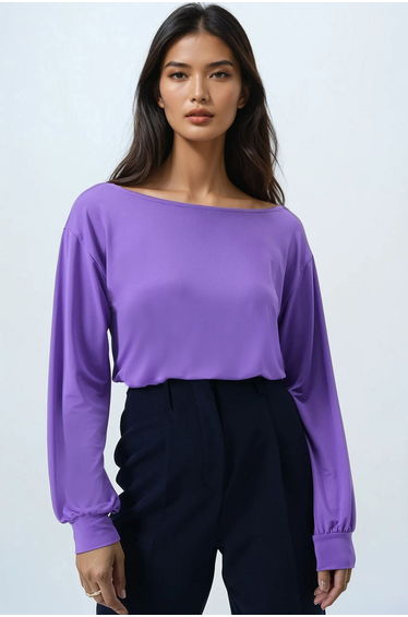 Women's Dark Lilac Boat Neck Sleeves Cuffed