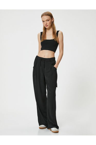 Wide Leg Trousers with Cargo Pockets and Tied Waist
