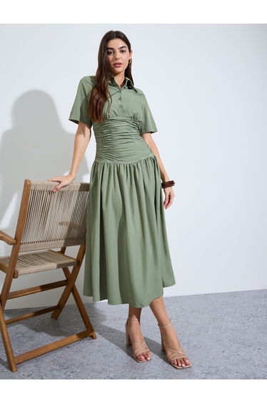 Green Gathered Casual Shirt Midi Dress