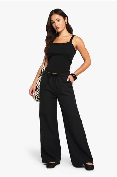 Petite Woven Elasticated Waist Straight Leg Trousers - black