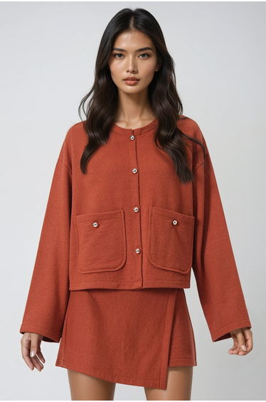 Women's Tile Double Pocket Textured Jacket and Wrap Cut Shorts Skirt Set