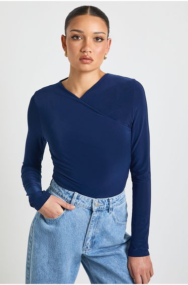 Wrap Front Matte Slinky Long Sleeve Bodysuit - navy