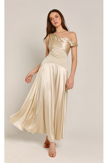 Champagne Fallen Shoulder Curved Waist Maxi Dress