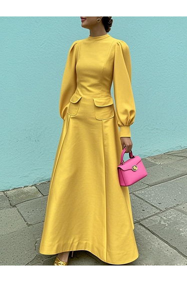 A-Line Long Sleeves Pleated Pockets Solid Color Mock Neck Maxi Dresses