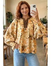 Lvness Khaki Paisley Print Tie Neck Long Sleeve Blouse